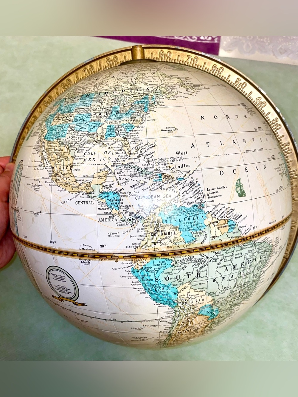 Vintage Cram's Imperial World Globe in Cream and Blue with Brass Details
